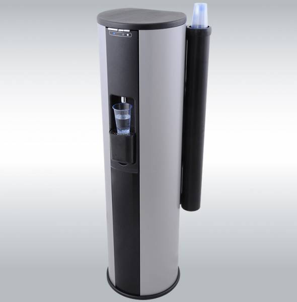 Fontaine à eau filtrée sur réseau LUMIO avec porte gobelet latéral proposé aux entreprises dans le Rhône